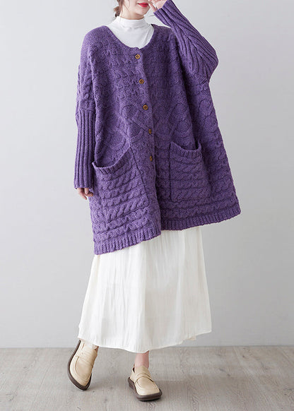 Purple Button Pockets Cotton Knit Cardigan Fall