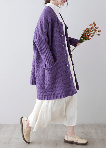 Purple Button Pockets Cotton Knit Cardigan Fall