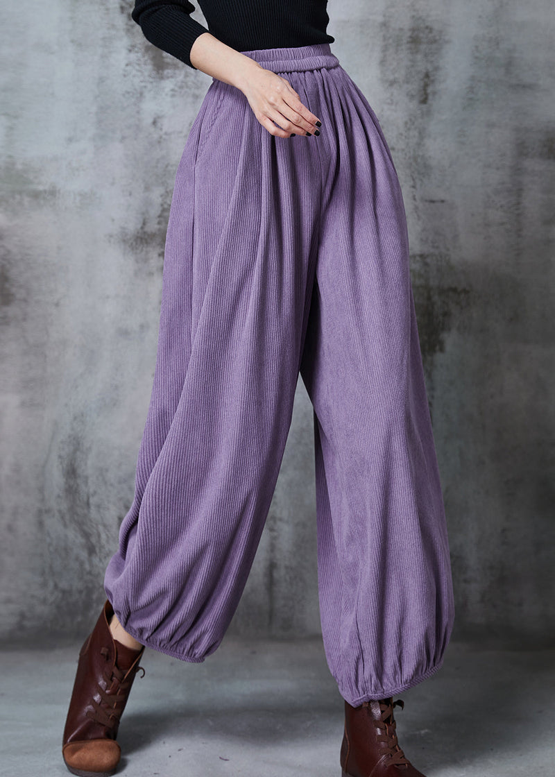 Purple Elastic Waist Corduroy Pants Spring