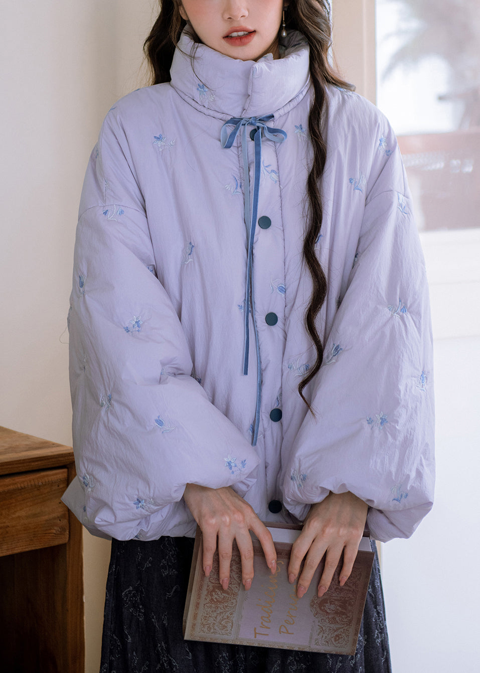 Purple Embroidered Lace Up Pockets Cotton Filled Parkas Winter