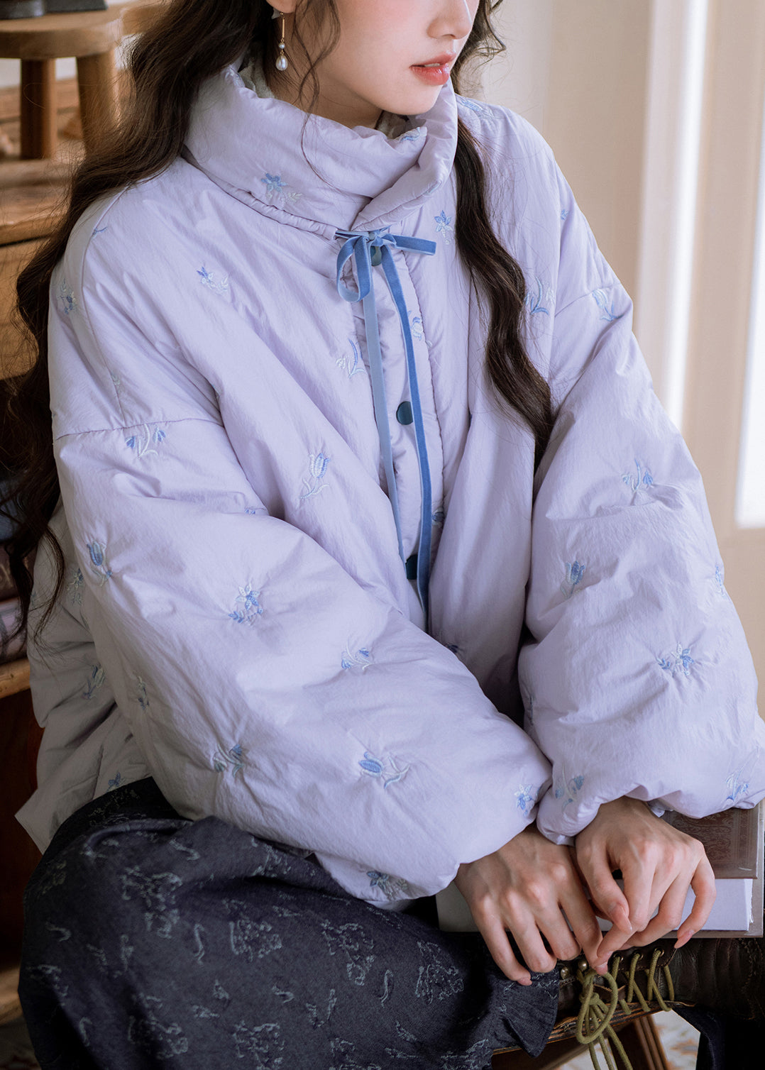 Purple Embroidered Lace Up Pockets Cotton Filled Parkas Winter