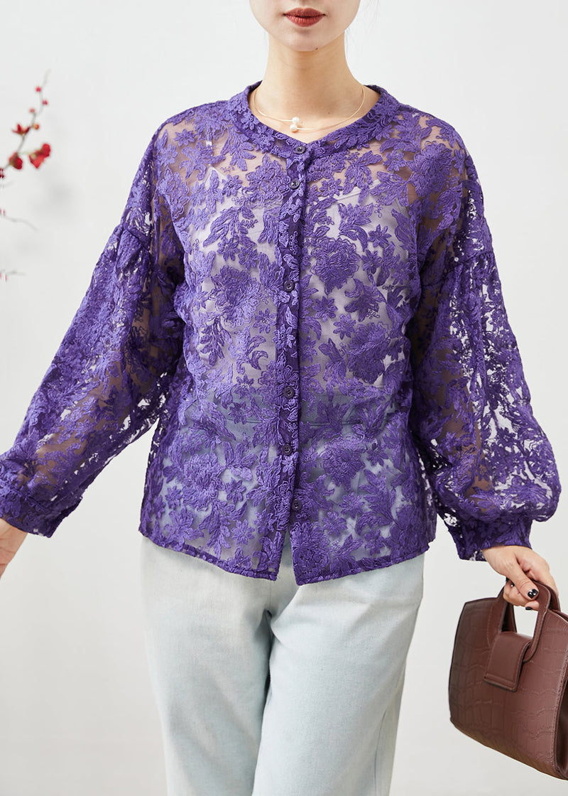 Purple Embroideried Hollow Out Lace Shirts Fall