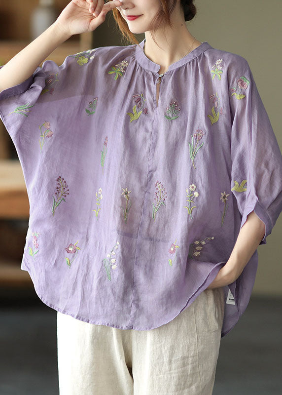 Purple Embroideried Loose Fall Three Quarter Sleeve Top
