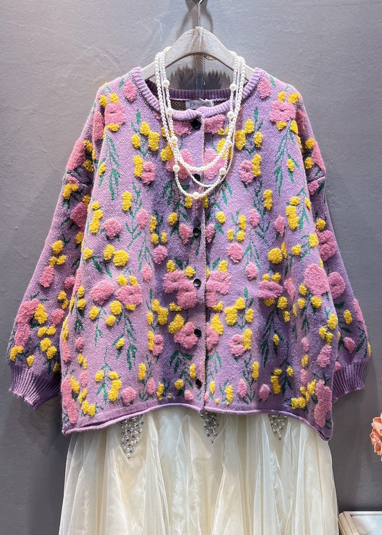 Purple Button Knit Coats Long Sleeve