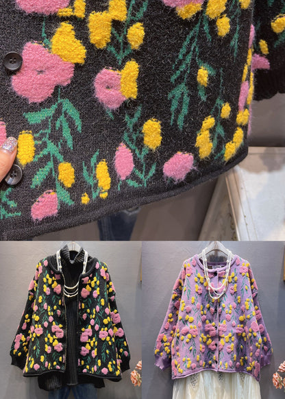 Purple Button Knit Coats Long Sleeve