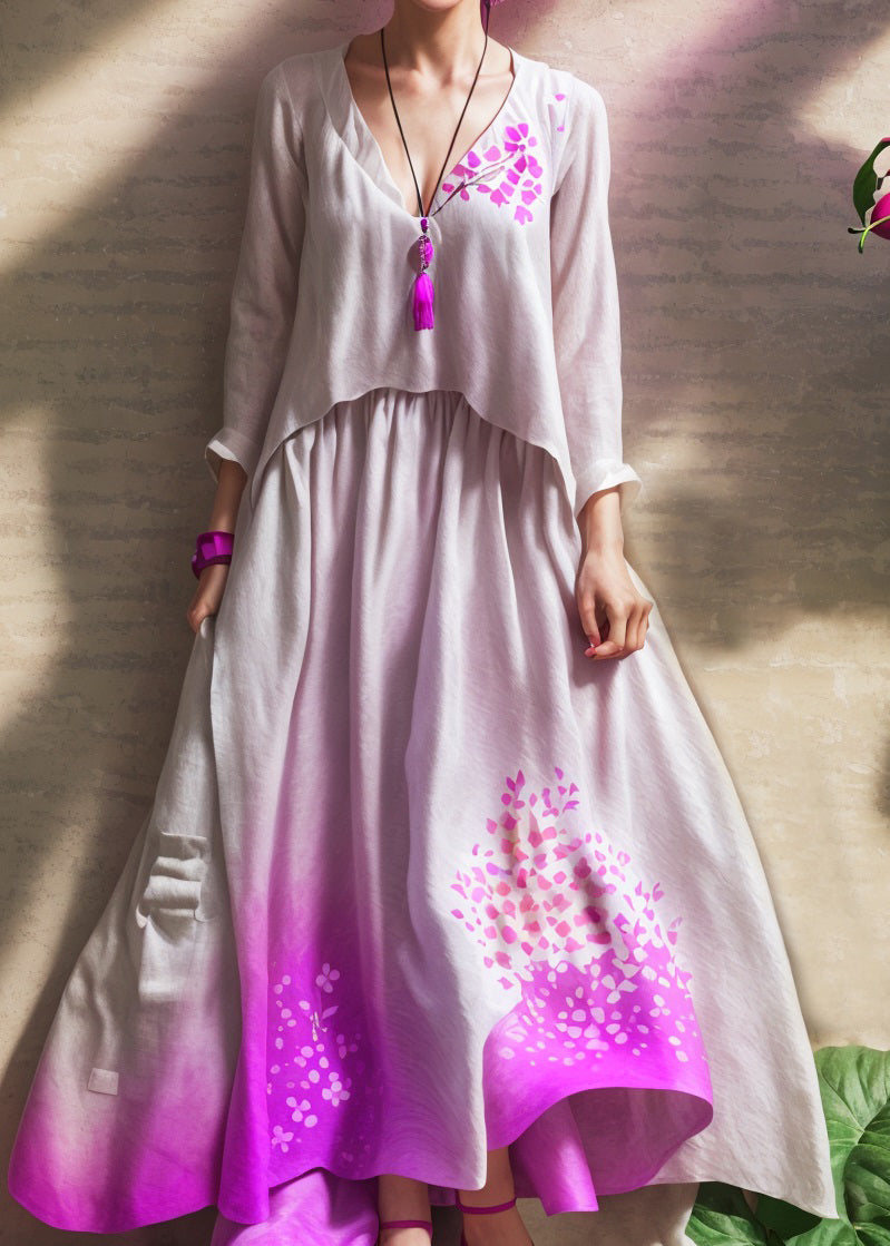 Purple Gradient V Neck Print Wrinkled Patchwork Silk Dress Summer