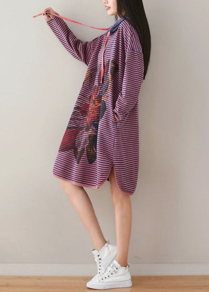 Purple Hooded Striped Print Cotton Sweatshirt Dress Spring