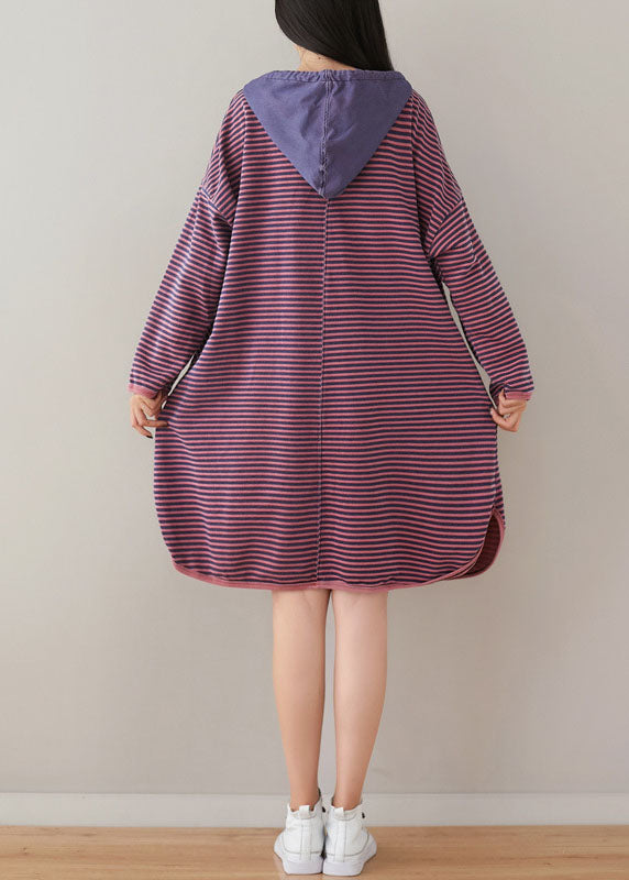 Purple Hooded Striped Print Cotton Sweatshirt Dress Spring