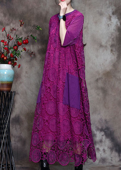 Purple Lace Pockets Side Open Fall Long Sleeve Dresses