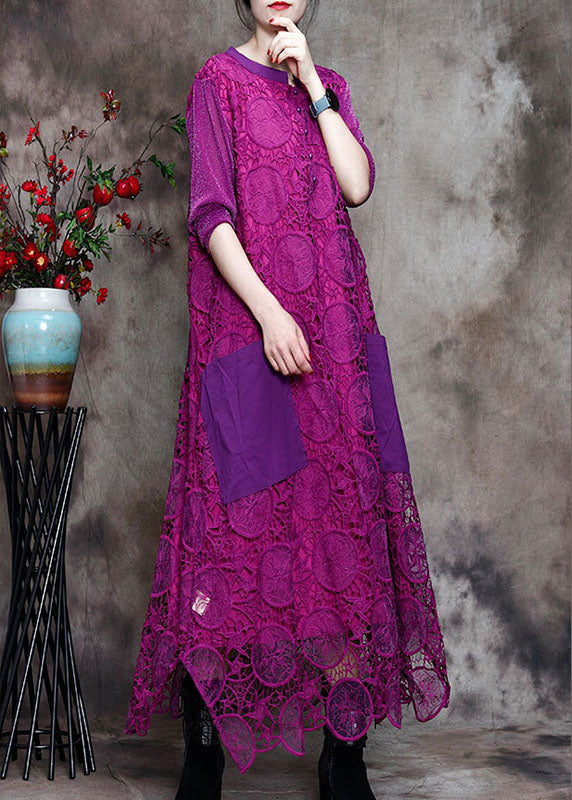 Purple Lace Pockets Side Open Fall Long Sleeve Dresses