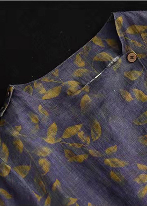 Purple O-neck Cinched Button Print Linen Dress Long Sleeve