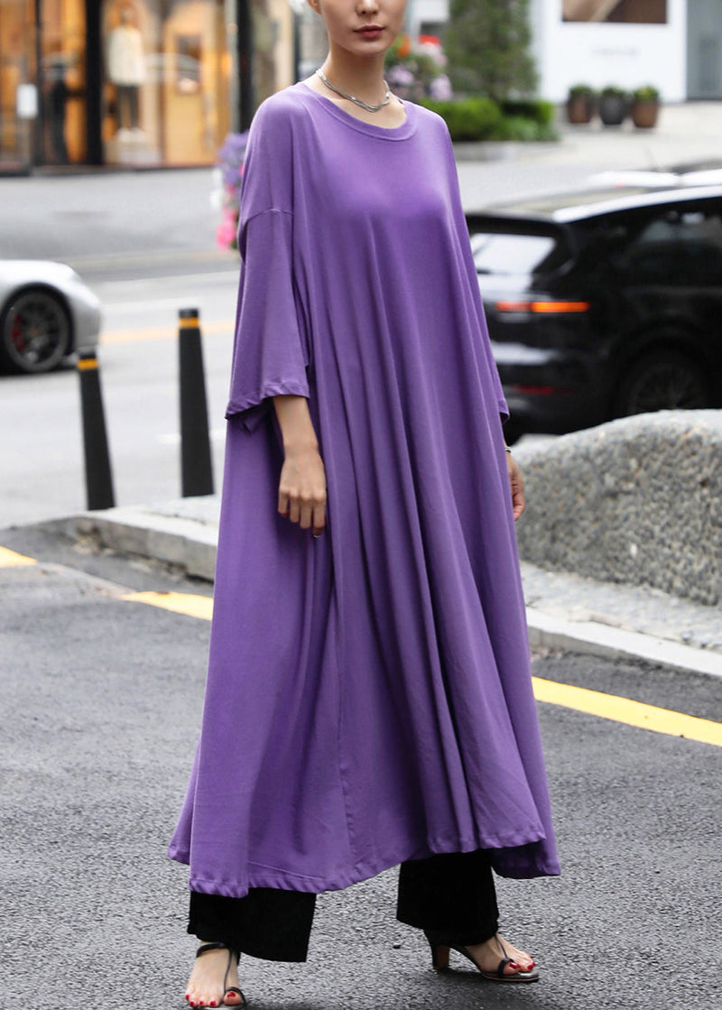 Purple O-neck Cotton Maxi Dress Long Sleeve