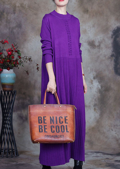 Purple O-neck Knit Sweater Dress Winter