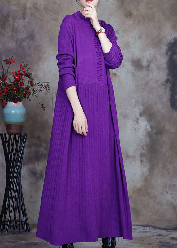 Purple O-neck Knit Sweater Dress Winter