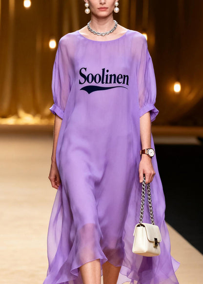 Purple O Neck Print Chiffon Maxi Dresses Summer