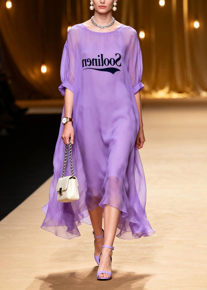 Purple O Neck Print Chiffon Maxi Dresses Summer