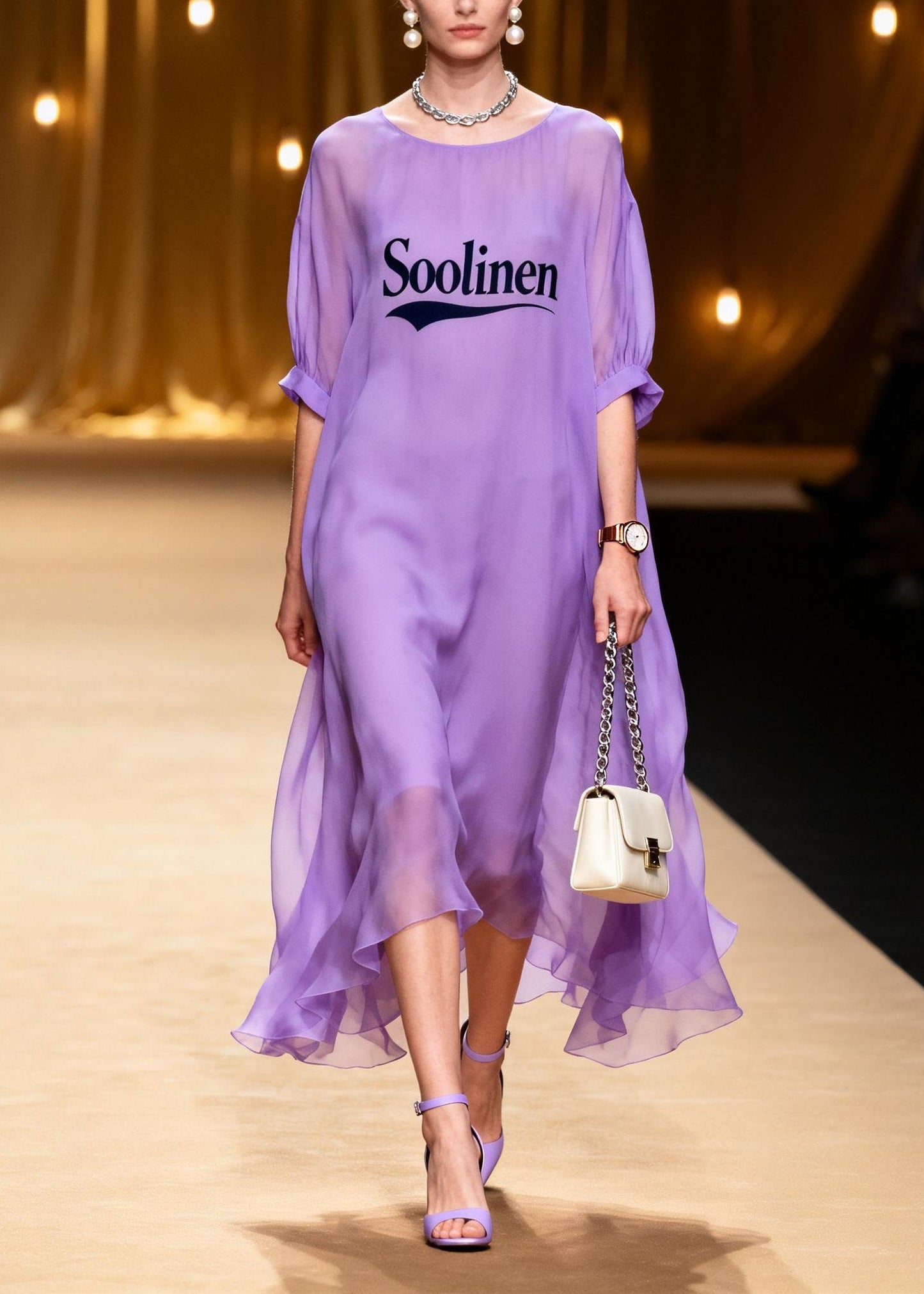 Purple O Neck Print Chiffon Maxi Dresses Summer