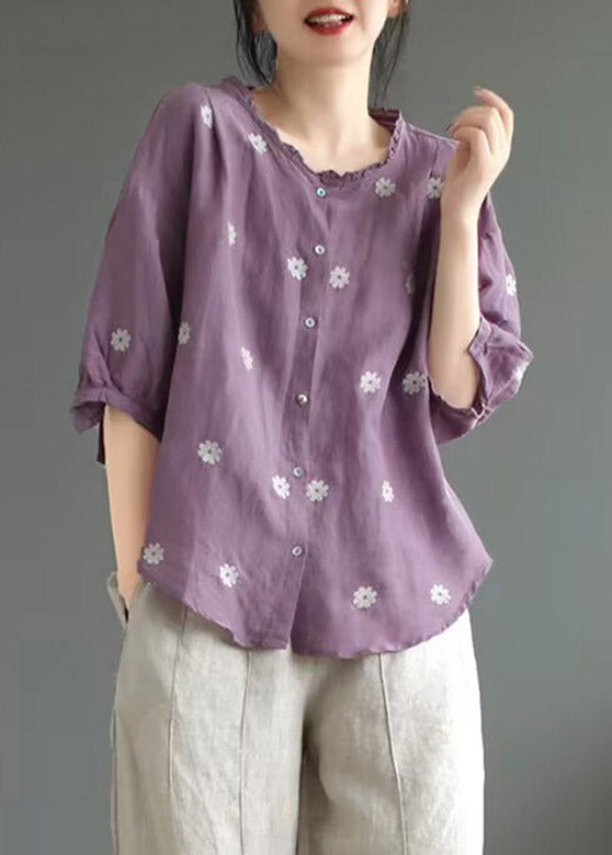 Purple O-neck Print Linen Top Summer