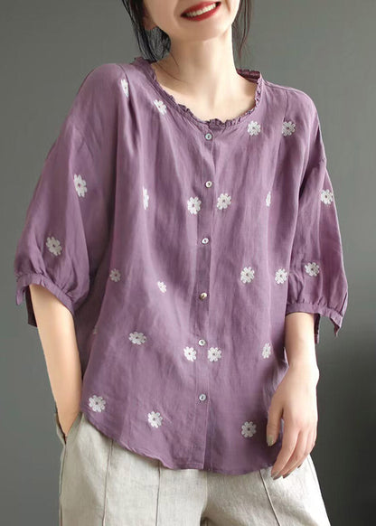 Purple O-neck Print Linen Top Summer