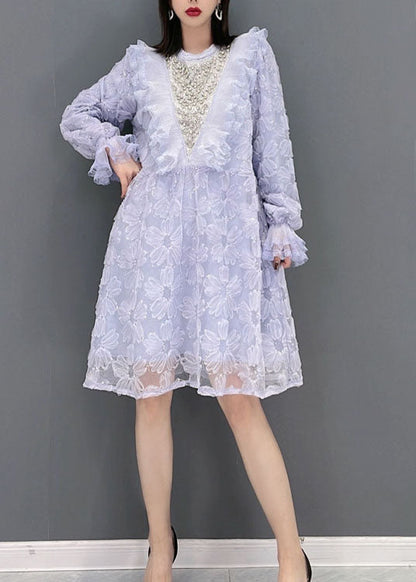 Purple O-neck Ruffled Print Tulle Party Dress Spring
