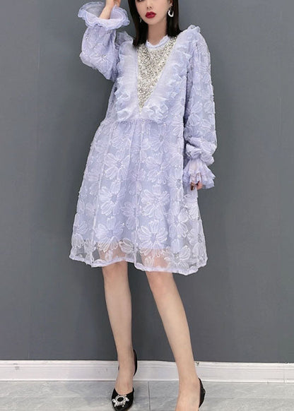 Purple O-neck Ruffled Print Tulle Party Dress Spring