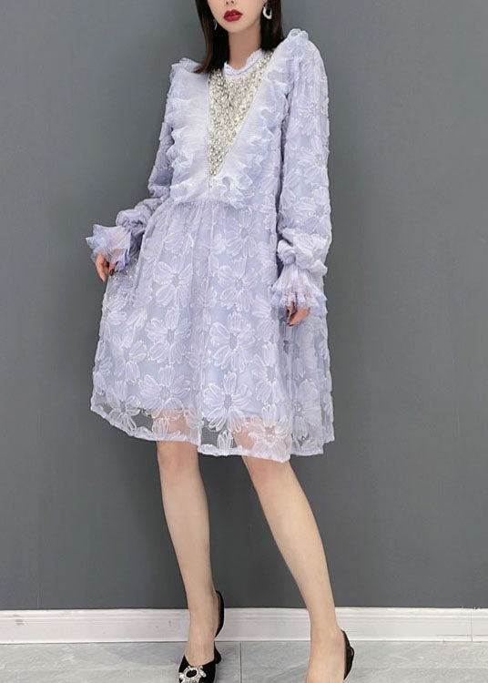 Purple O-neck Ruffled Print Tulle Party Dress Spring