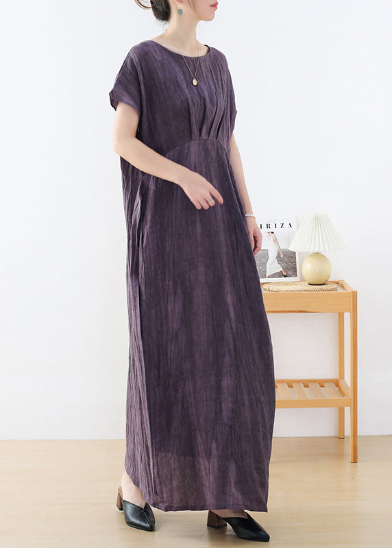 Purple O-neck Wrinkled Linen Long Dresses Short Sleeve