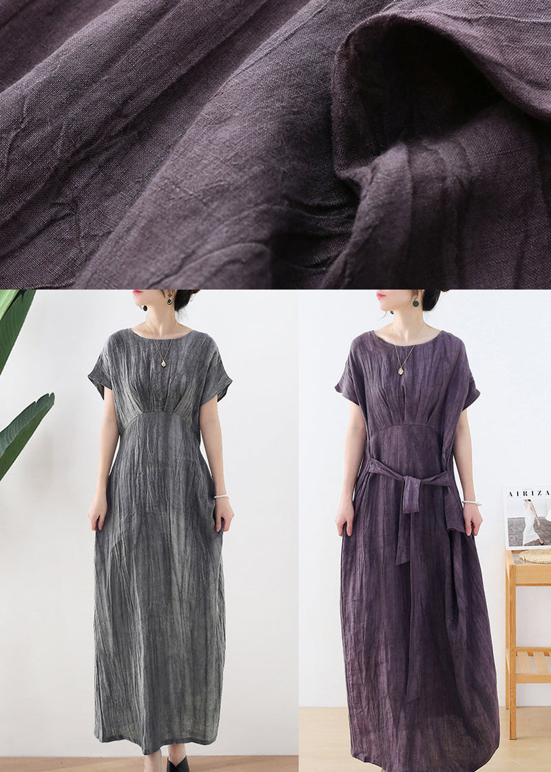 Purple O-neck Wrinkled Linen Long Dresses Short Sleeve