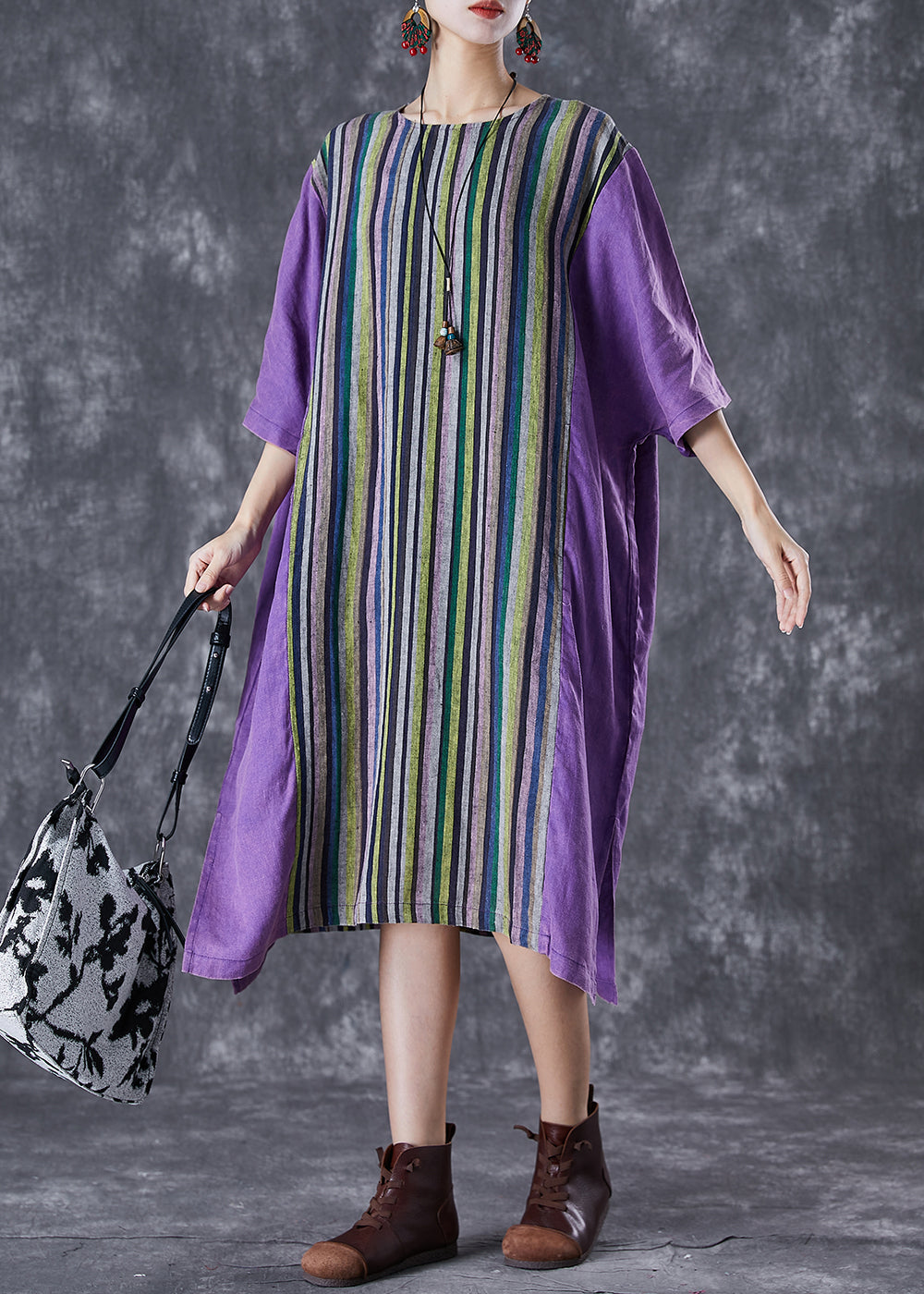 Purple Oversized Patchwork Striped Linen Dress Summer