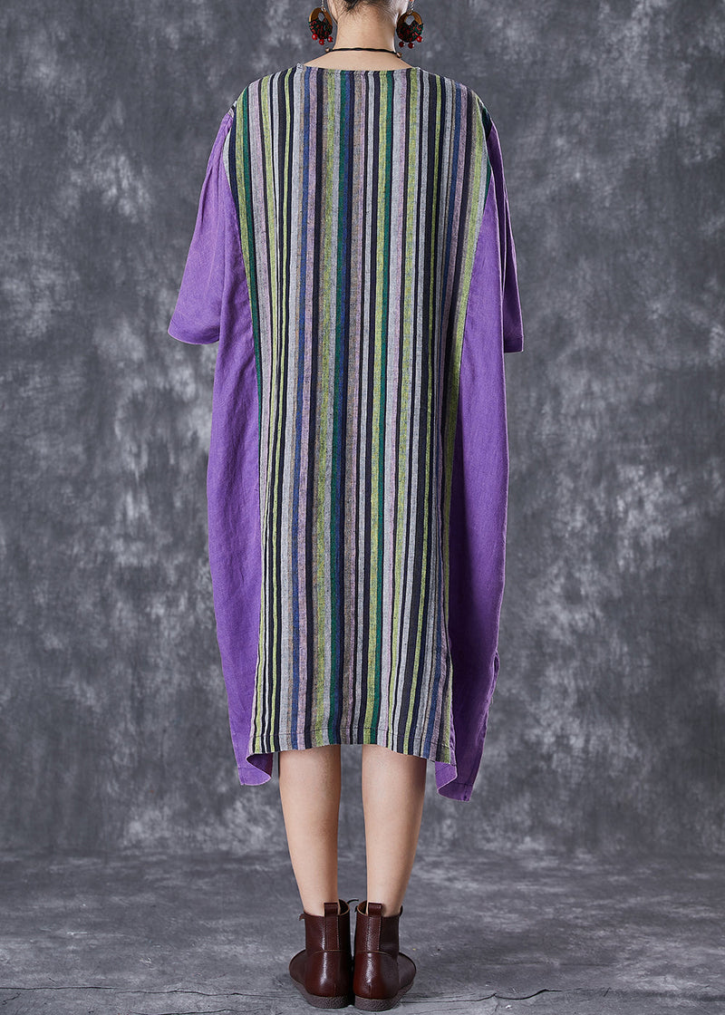 Purple Oversized Patchwork Striped Linen Dress Summer