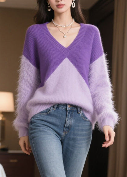 Purple Patchwork Mink Hair Knitted Sweaters Winter