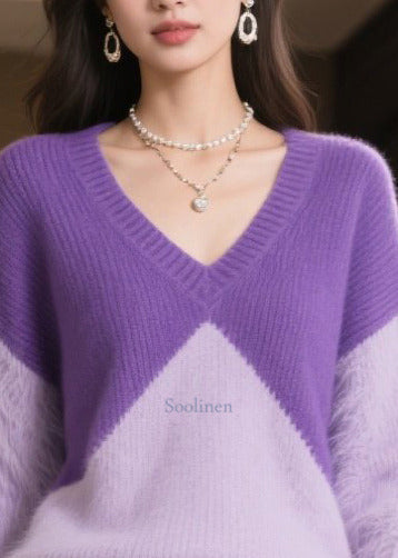 Purple Patchwork Mink Hair Knitted Sweaters Winter