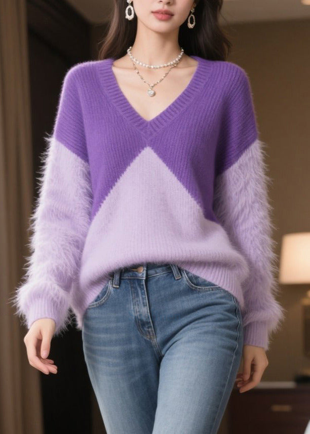 Purple Patchwork Mink Hair Knitted Sweaters Winter