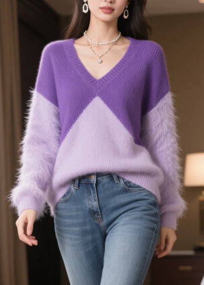 Purple Patchwork Mink Hair Knitted Sweaters Winter