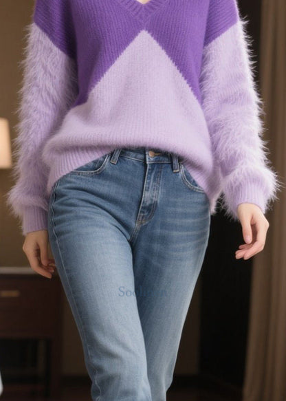 Purple Patchwork Mink Hair Knitted Sweaters Winter