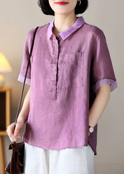 Purple Peter Pan Collar Patchwork Linen Shirt Tops Short Sleeve