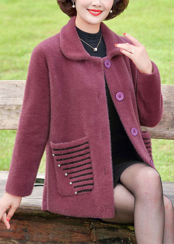 Purple Peter Pan Collar Striped Pockets Mink Hair Knitted Coat Winter