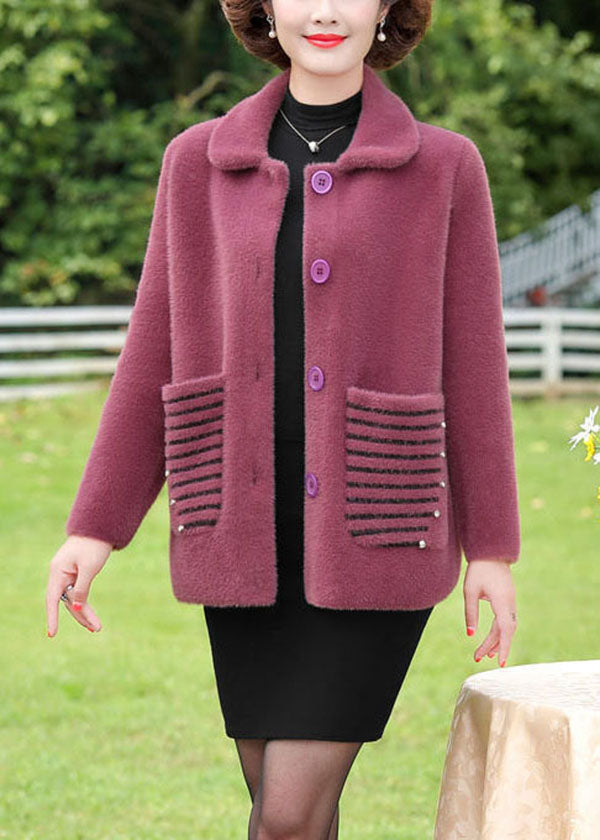 Purple Peter Pan Collar Striped Pockets Mink Hair Knitted Coat Winter