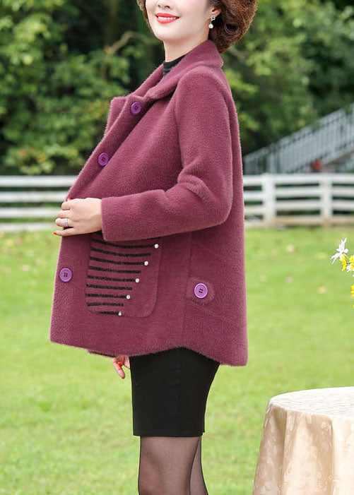 Purple Peter Pan Collar Striped Pockets Mink Hair Knitted Coat Winter