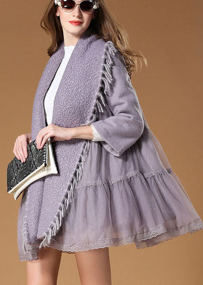 Purple Peterpan Collar Patchwork Lace Fall Woolen Coat