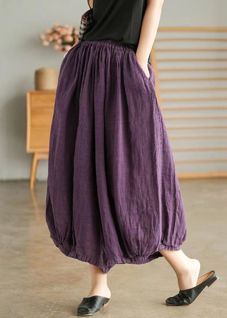 Purple Pockets Elastic Waist Linen Crop Pants Summer