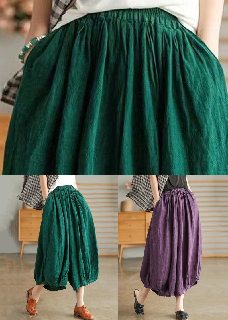 Purple Pockets Elastic Waist Linen Crop Pants Summer