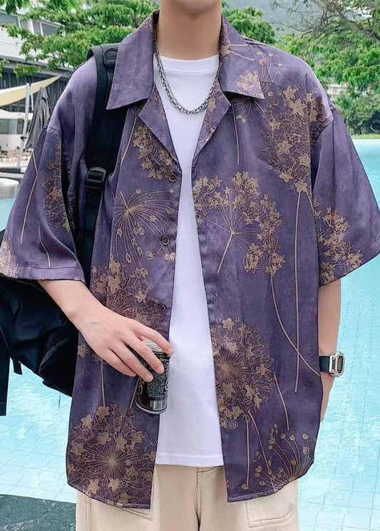 Purple Print Button Cotton Shirts Half Sleeve