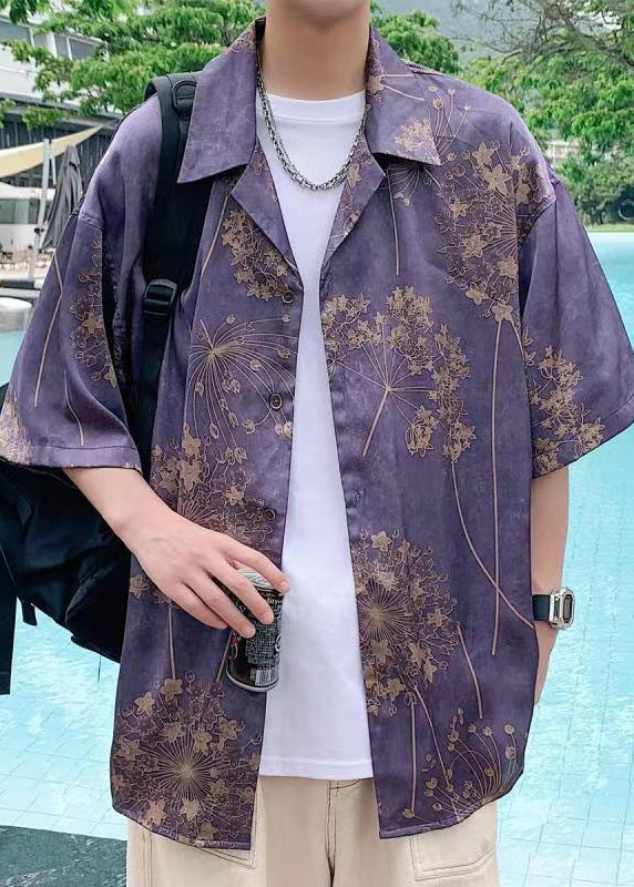 Purple Print Button Cotton Shirts Half Sleeve