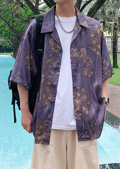 Purple Print Button Cotton Shirts Half Sleeve