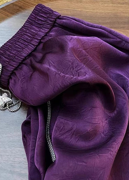 Purple Print Elastic Waist Silk Cotton Wide Leg Pants Fall