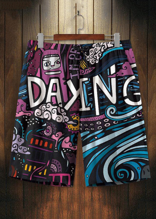 Purple Print High Waist Cotton Pants Beach Shorts Summer