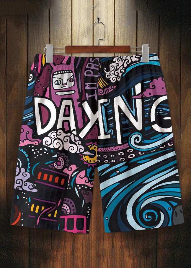Purple Print High Waist Cotton Pants Beach Shorts Summer