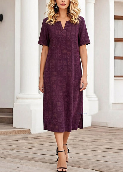 Purple Print Patchwork Silk Long Dress Short Sleeve