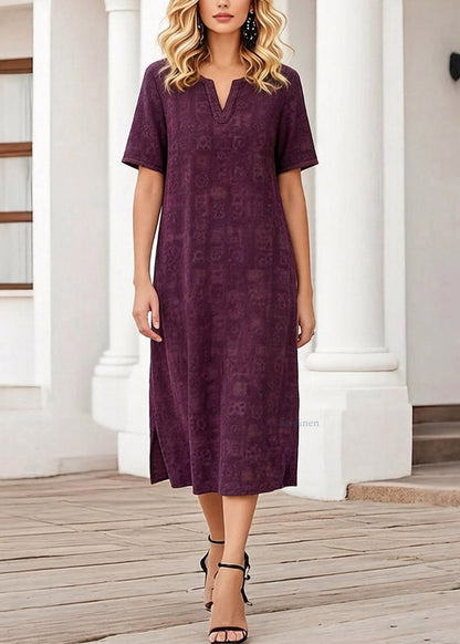 Purple Print Patchwork Silk Long Dress Short Sleeve